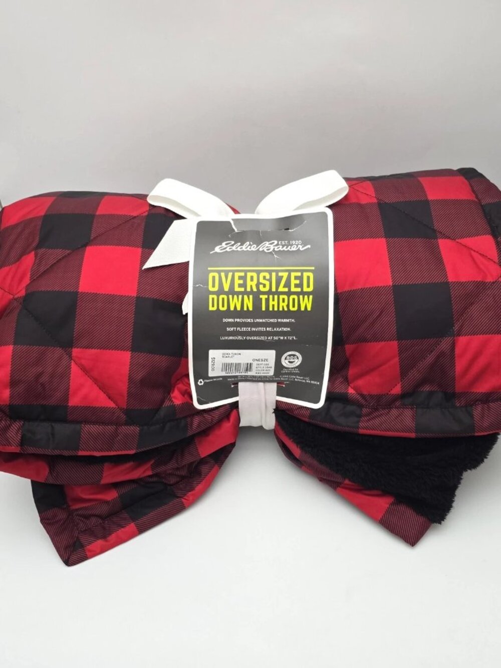 Eddie Bauer Goose Down Fleece Throw Blanket Red Black Scarlet Plaid 50" x 72"
